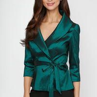 3/4 Sleeve Stretch Taffeta Blouse with Tie Waist Detail