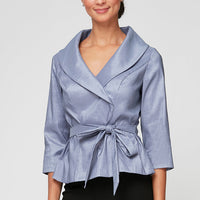 3/4 Sleeve Surplice Stretch Taffeta Blouse with Tie Waist Detail