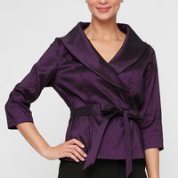 3/4 Sleeve Stretch Taffeta Blouse with Tie Waist Detail