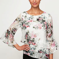 Petite Printed Chiffon Blouse With Triple Tier Asymmetric Hem and Bell Sleeves