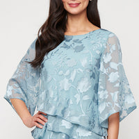Burnout Chiffon Blouse with Asymmetrical Triple Tier Hem & Illusion Sleeves
