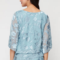 Burnout Chiffon Blouse with Asymmetrical Triple Tier Hem & Illusion Sleeves