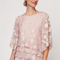 Burnout Chiffon Blouse with Asymmetrical Triple Tier Hem & Illusion Sleeves