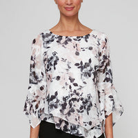 Petite 3/4 Sleeve Printed Blouse With Asymmetric Tiered Hem and Pointed Hem Sleeves
