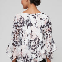 Petite 3/4 Sleeve Printed Blouse With Asymmetric Tiered Hem and Pointed Hem Sleeves