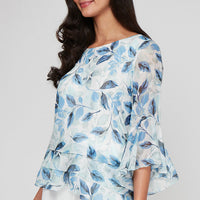 Regular - Printed Chiffon Burnout Blouse with Asymmetric Triple Tier Hem and Bell Sleeves