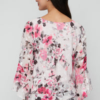 Plus Printed Chiffon Burnout Blouse with Bell Sleeves and Asymmetric Triple Tier Hem