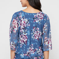 3/4 Sleeve Printed Chiffon Burnout Blouse with Asymmetric Triple Tier Hem