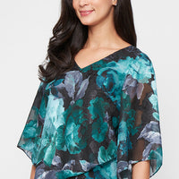 Printed V-Neck Chiffon Burnout Blouse with Tulip Hem