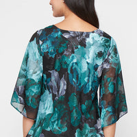 Plus Printed V-Neck Chiffon Burnout Blouse with Tulip Hem