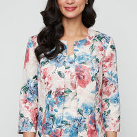 3/4 Sleeve Metallic Printed Jacquard Twinset with Square Neck Tank and Open Jacket