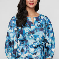 3/4 Sleeve Printed Jacquard Blouse with Notched Neckline Detail, Bubble Hem Sleeves and Tie Belt