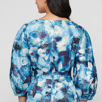 3/4 Sleeve Printed Jacquard Blouse with Notched Neckline Detail, Bubble Hem Sleeves and Tie Belt