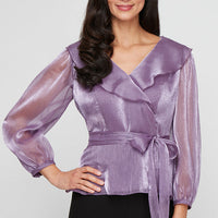 Plus - Portrait Collar Shimmer Blouse with Tie Waist and Illusion Sleeves