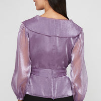 Plus - Portrait Collar Shimmer Blouse with Tie Waist and Illusion Sleeves