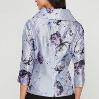 3/4 Sleeve Printed Organza Blouse with Portrait Collar and Tie Belt