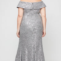 Plus - Off-the-Shoulder Corded Lace Long Gown with Sequin Detail