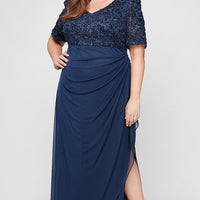 Plus Long Empire Waist Dress with Soutache Bodice, Puff Sleeve Detail and Cascade Ruffle Skirt