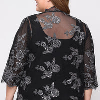 Plus 3/4 Sleeve Embroidered Twinset with Scoop Neck Tank, Open Jacket and Scallop Detail
