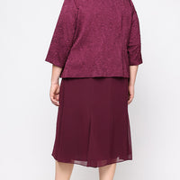 Plus Tea Length Textured Jacquard Mock Jacket Dress with Scoop Neck Bodice, Full Skirt and Decorative Hook Neck Closure Jacket