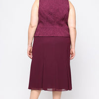 Plus Tea Length Textured Jacquard Mock Jacket Dress with Scoop Neck Bodice, Full Skirt and Decorative Hook Neck Closure Jacket