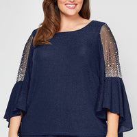 Plus 3/4 Sleeve Blouse With Beaded Illusion Detail and Cascade Bell Sleeves