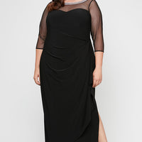 Plus Matte Jersey Illusion 3/4 Sleeve Side Ruched Dress with Embellished Neckline