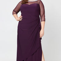 Plus Matte Jersey Illusion 3/4 Sleeve Side Ruched Dress with Embellished Neckline
