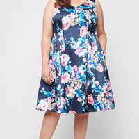 Plus - Midi Sleeveless Printed Stretch Faille A-Line Dress with V-Neckline