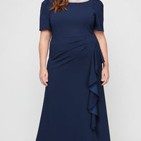Plus Long Embellished Neck Dress with Elbow Sleeves and Cascade Detail Skirt