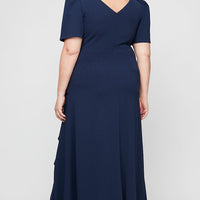 Plus Long Embellished Neck Dress with Elbow Sleeves and Cascade Detail Skirt