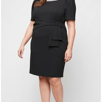 Plus Short Stretch Crepe Sheath Dress with Embellished Neckline with Gather Waist and Puff Shoulder Elbow Sleeves