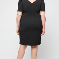 Plus Short Stretch Crepe Sheath Dress with Embellished Neckline with Gather Waist and Puff Shoulder Elbow Sleeves