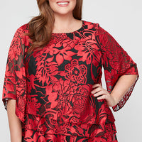 Plus 3/4 Sleeve Chiffon Printed Blouse With Illusion Sleeves and Asymmetric Triple Tier Hem