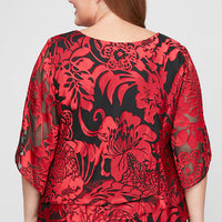 Plus 3/4 Sleeve Chiffon Printed Blouse With Illusion Sleeves and Asymmetric Triple Tier Hem