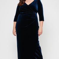 Plus Long Surplice Neckline Velvet Dress with Tulip Overlay Hem Skirt and 3/4 Sleeves