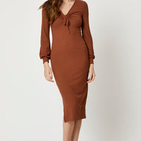 Brown Ribbed Drawstring Midi Dress