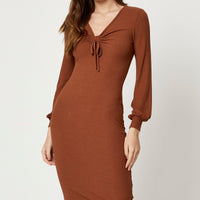 Brown Ribbed Drawstring Midi Dress
