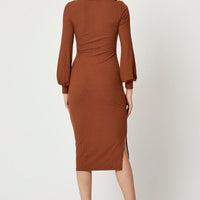 Brown Ribbed Drawstring Midi Dress