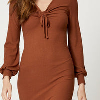Brown Ribbed Drawstring Midi Dress