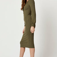 Green Ribbed Drawstring Midi Dress