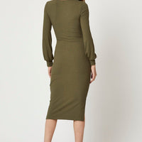 Green Ribbed Drawstring Midi Dress