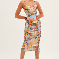 Orange Abstract Midi Dress Straps Bodycon Postcard Holiday Print
