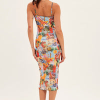 Orange Abstract Midi Dress Straps Bodycon Postcard Holiday Print