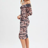 Brown Print Midi Dress Bardot Off Shoulder Bodycon Ruched