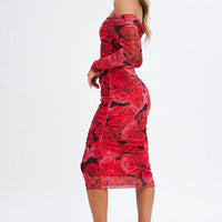 Red Floral Midi Dress Bardot Off Shoulder Bodycon Ruched
