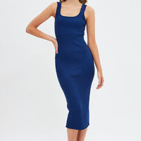 Blue Knit Midi Dress Sleeveless Scoop Neck Bodycon Rib