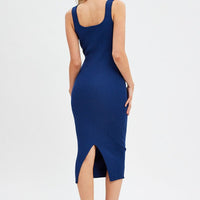 Blue Knit Midi Dress Sleeveless Scoop Neck Bodycon Rib