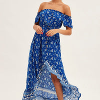 Blue Boho Midi Dress Short Sleeve Ruffle