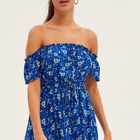 Blue Boho Midi Dress Short Sleeve Ruffle